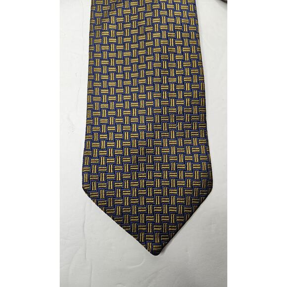 Brooks Brothers Makers USA + English Silk Navy Blue w/Yellow Jacquard Tie - Picture 2 of 5